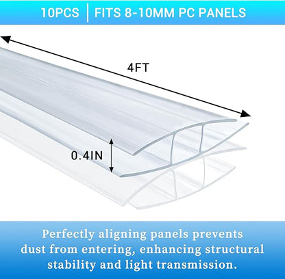 10 PCS Polycarbonate Greenhouse H-Clip Connectors 4ft Length, Fits 0.32’’ & 0.4’’ Twin-Wall Polycarbonate Panels Duty Dust, Rain & Moisture Protection Durable (H-Clip 4' × 2.32’’ × 0.4’’)