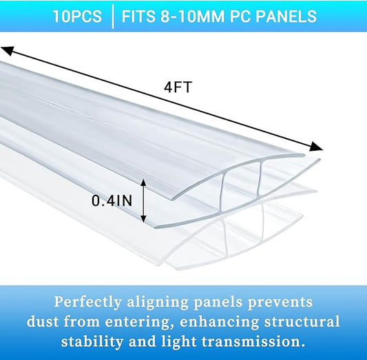 10 PCS Polycarbonate Greenhouse H-Clip Connectors 4ft Length, Fits 0.32’’ & 0.4’’ Twin-Wall Polycarbonate Panels Duty Dust, Rain & Moisture Protection Durable (H-Clip 4' × 2.32’’ × 0.4’’)
