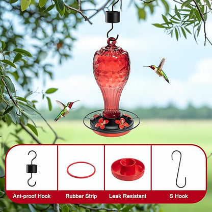 Hummingbird Feeder, Hand Blown Glass Hummingbird Feeders for Outdoors Hanging with Ant Moat, 5 Feeding Ports, Leak-Proof, 20 Ounces, Never Fade Garden Backyard Decoration, Gift for Mom Dad