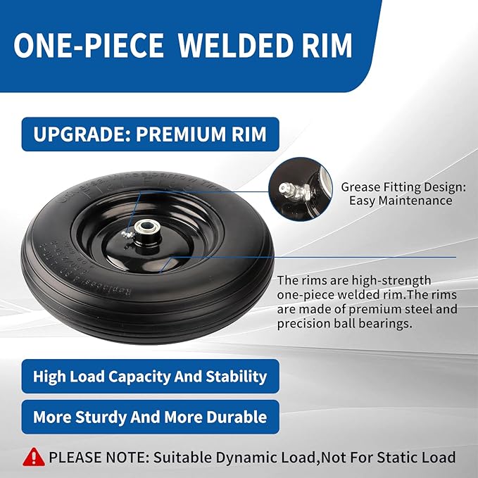 RRQ 4.80/4.00-8 Tire Flat Free, 14.5" Solid Wheelbarrow Tire with 3" Centered Hub and 3/4" Bearings(Comes with 5/8" ID Iron Tube Adapter), Universal Fit 4.80-8, 4.00-6, 3.50/2.50-8 Wheelbarrow Wheels