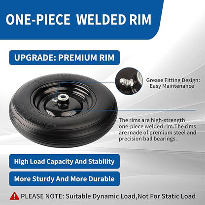 RRQ 4.80/4.00-8 Tire Flat Free, 14.5" Solid Wheelbarrow Tire with 3" Centered Hub and 3/4" Bearings(Comes with 5/8" ID Iron Tube Adapter), Universal Fit 4.80-8, 4.00-6, 3.50/2.50-8 Wheelbarrow Wheels