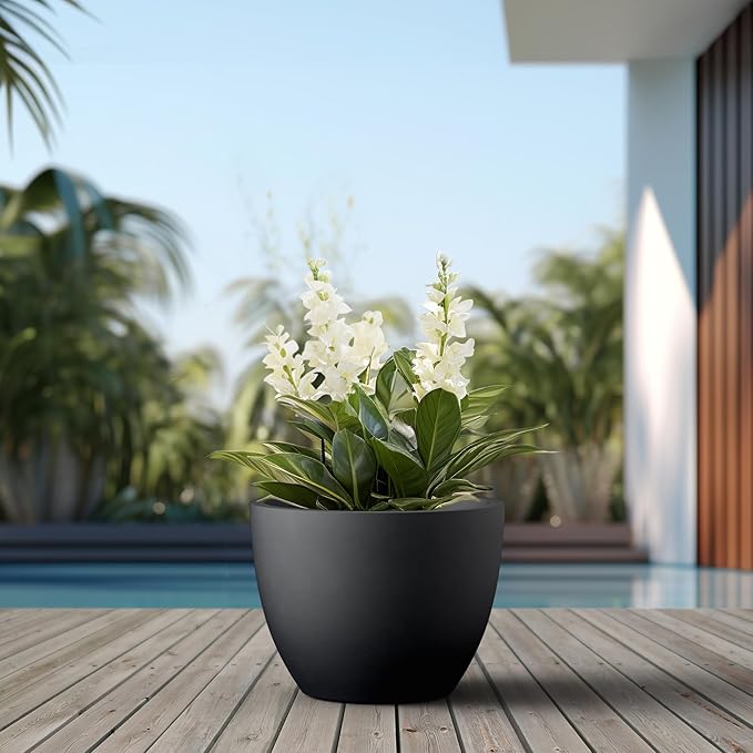 Kante 17.3 Inch Round Concrete Planter - Classic Large Indoor/Outdoor Plant Pot with Drainage Hole and Rubber Plug, Suitable for Gardens and Patios, Black