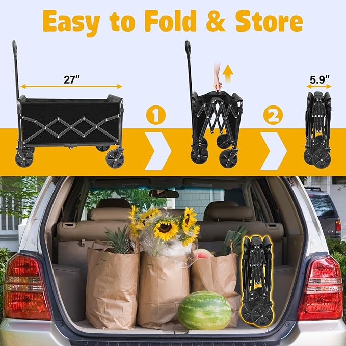 Wagon Cart Foldable, 360Lbs Collapsible Wagon Cart with Wheels Portable, Outdoor Utility Carts for Groceries, Camping, Sports, Garden, Shopping, Black