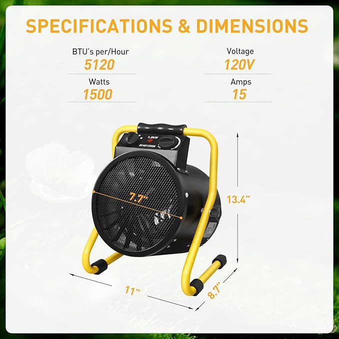 Portable Greenhouse Heater, Overheat Protection, 1500W Radiant Electric Heater for Indoor and Outdoor Use, Garage, Grow Tent, RV, IPX4 Water Resistant, 2 Pieces, Black