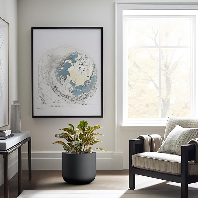 Kante 13.8-Inch Dia Round Concrete Planter, Indoor & Outdoor Garden Pot with Drainage Hole & Rubber Plug, Ideal for Flower and Tree, Black