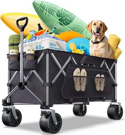 Collapsible Wagon, 440lbs Foldable Wagons Carts with Big Wheels, Heavy Duty Folding Wagon for Beach/Garden/Camping/Grocery-Ink Black