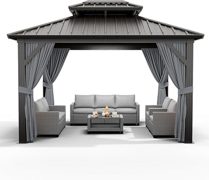 12'x12' Hardtop Gazebo, Heavy Duty Aluminum Permanent Hardtop Gazebo Outdoor Pavilion with Curtains and Netting for Garden (Gray, 12'x12')