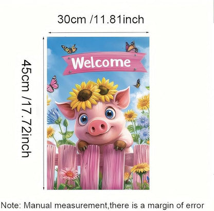 Spring Garden Flag 12x18 Inch Double Sided Outdoor Decoration Flags Welcome Pig with Sunflowers Colorful Floral and Butterflies Yard Banner for Spring or Summer