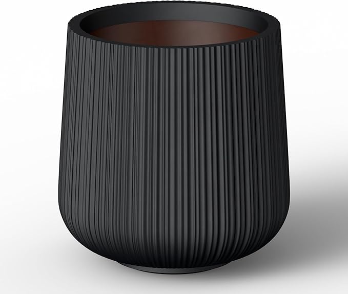Kante 13.0" Dia Round Fluted Concrete Planter, Large Plant Pot with Drainage, Smooth Black Finish with Warm Brown Interior, for Indoor and Outdoor Use
