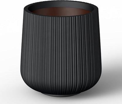 Kante 13.0" Dia Round Fluted Concrete Planter, Large Plant Pot with Drainage, Smooth Black Finish with Warm Brown Interior, for Indoor and Outdoor Use