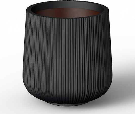Kante 13.0" Dia Round Fluted Concrete Planter, Large Plant Pot with Drainage, Smooth Black Finish with Warm Brown Interior, for Indoor and Outdoor Use