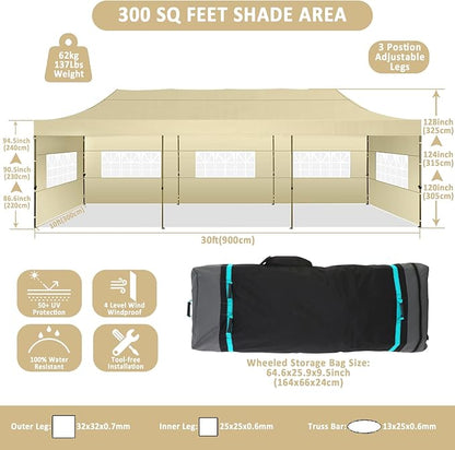COBIZI 10x30 Pop Up Canopy with 8 Sidewall,Heavy Duty UPF 50+ All Season Wind Waterproof Commercial Outdoor Wedding Party Tents for Parties Canopy Gazebo with Roller Bag(10 x 30 ft Khaki)