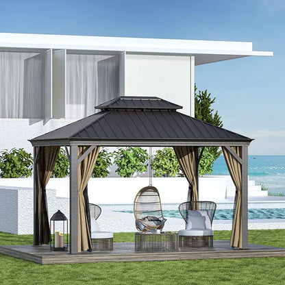 Gazebo 10' x 12' with Mosquito Net and Privacy Sidewalls, Patio Aluminum Permanent Gazebo, All Weatherproof Outdoor Hardtop Metal Gazebos，for Patio, Garden, Parties, Backyard,Lawn.