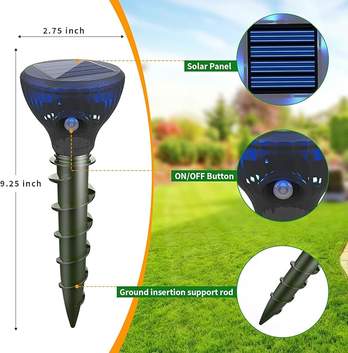 Mole Repellent Solar Powered,Gopher Repellents,Solar Powered Waterproof Vole Repellent, Flash&Vibration is Suitable for Lawn, Courtyard and Outdoor Mole Deterrent for Yard