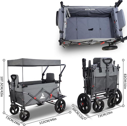 Collapsible Foldable Wagon Cart with All Terrain Wheels &Canopy& 2 Seats- Heavy Duty Utility Wagon 265 lbs Capacity for Camping, Garden, Shopping (Grey)