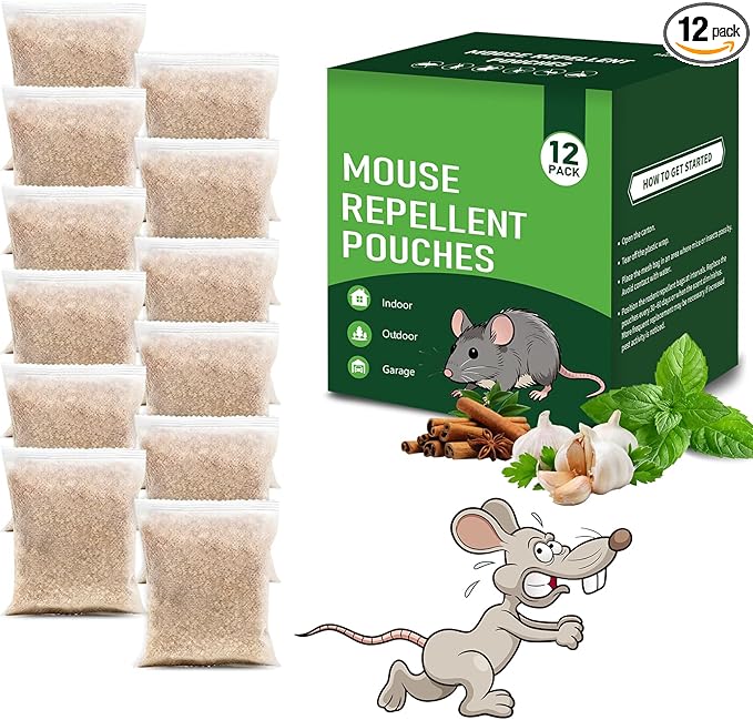 12 Pack Mouse Repellent Pouches - Natural Peppermint Oil, Long-Lasting Rodent Repellent - Safe for Pets & Family, Mice Repellent Indoor/Outdoor Use in Garage, Car & Garden