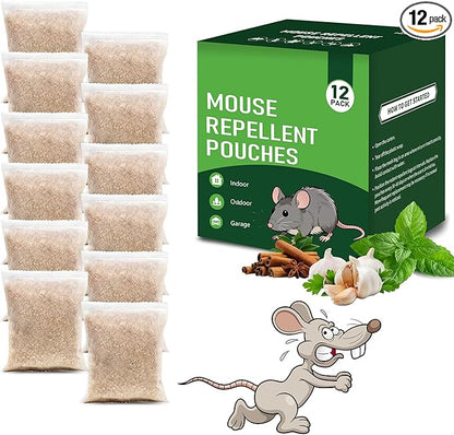 12 Pack Mouse Repellent Pouches - Natural Peppermint Oil, Long-Lasting Rodent Repellent - Safe for Pets & Family, Mice Repellent Indoor/Outdoor Use in Garage, Car & Garden