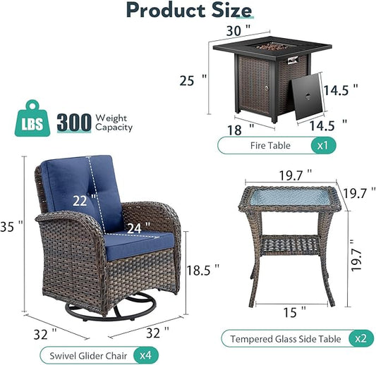 7 Piece Patio Furniture Set with Fire Pit Table - Wicker Patio Conversation Set with 4 Swivel Glider Chairs and 2 Tempered Glass Side Tables for Deck Backyard - Brown Wicker Blue Cushion
