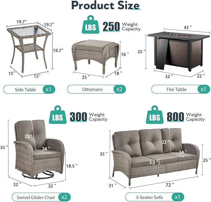 7 Piece Patio Furniture Set with Fire Pit Table - Wicker Patio Conversation Set with Swivel Glider, 3 Seat Sofa, Side Table and 2 Ottomans for Deck Backyard - Grey Wicker Grey Cushion