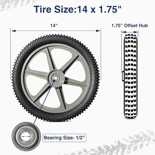 MaxAuto 14 x 1.75" Spoked Plastic Wheel with Tire Replacement for Craftsman Mower, Wheelbarrow, Trimmer, Push Mower, Pressure Washer, 1.75" Offset Hub Length,1/2" inside Bearing, 2 Pack