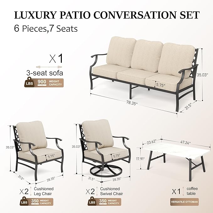 HERA'S HOUSE 6 Piece Patio Furniture Set, 2 x Swivel Chair, 2 x Fixed Chair, 1 x 3-Seat Sofa with Marbling Coffee Table, All Cushioned Outdoor Conversation Set for Lawn Garden Backyard