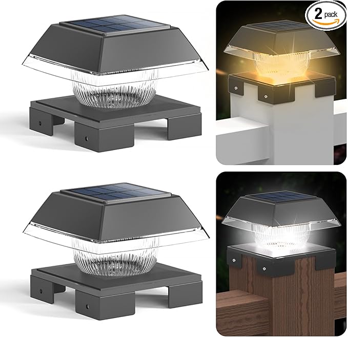 INDARUN 4x4 Solar Post Cap Lights Outdoor Waterproof, Fence Deck Post Solar Lights for 4x4 5x5 6x6 Wooden Posts/4x4 Vinyl Posts, 120Lumen Cool/Warm White, for Porch, Patio, Backyard, Stair(2 Pack)