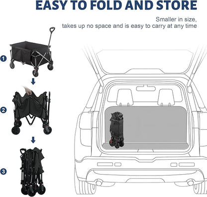 Collapsible Folding Wagon Cart, 220LBS Heavy Duty Foldable Utility Garden Cart with All Terrain Wheels & Side Storage Bag, Portable Sports Wagon for Camping, Shopping, Garden (Black)