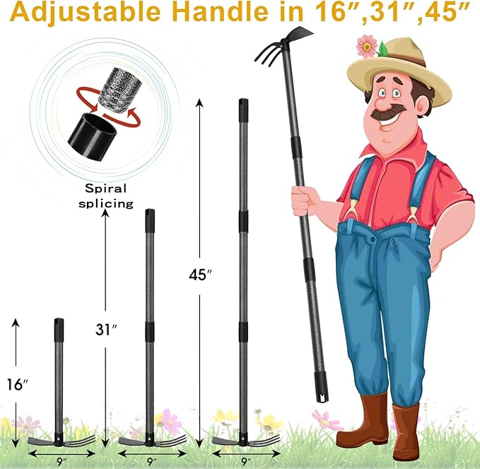 Garden Hoe, 2 in 1 Hand Hoe Garden Tools,45 Inch Long Handle,Garden Hoe and Cultivator for Weeding Cultivating Planting, Small Hand Rake Tiller for Flower Bed Gardening, Loosening Soil