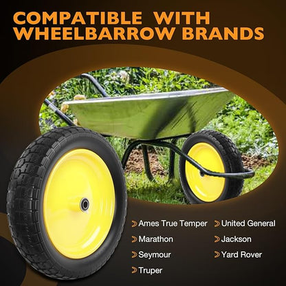 HQPASFY 2 Pack 16" Flat Free Tire 4.80/4.00-8 Wheelbarrow Tire and Wheel, 3" Centered Hub, 5/8" & 3/4" Bearings Replacement for Wheelbarrows, Garden Carts, Dump Carts, Lawn Equipment