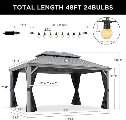 PURPLE LEAF 11' x 15' Hardtop Aluminum Gazebo with Double Metal Roof Heavy Duty Permanent Gazebo for Pool Patio Deck Lawn Garden All Weather Outdoor Pavilion Gazebos, Light Grey