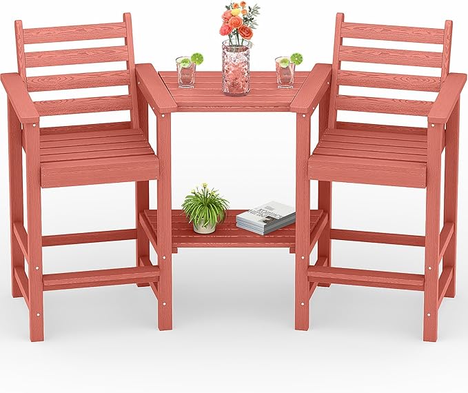 Tall Adirondack Chairs Set of 2, All Weather HDPE Poly Bar Height Balcony Adirondack Chair with Removable Double Connecting Trays, Outdoor Adirondack Barstools for Deck, Patio, Yard, Pool, Lawn