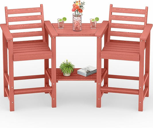 Tall Adirondack Chairs Set of 2, All Weather HDPE Poly Bar Height Balcony Adirondack Chair with Removable Double Connecting Trays, Outdoor Adirondack Barstools for Deck, Patio, Yard, Pool, Lawn