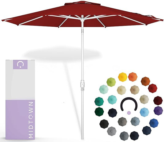 Midtown Umbrellas The Swilt 9 Feet Patio Umbrella in Sunbrella Red Acrylic Fabric - Fiberglass Ribs, Auto-Tilt Aluminum Frame For Backyard, Deck, Garden, Pool - White Pole