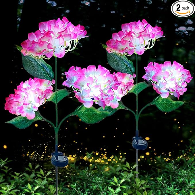 Aolyty Solar Garden Lights Outdoor, Solar Hydrangea Lights IP65 Waterproof LED Flowers Stake Lights 2 Pack for Garden Pathway Patio Backyard Landscape Decorative (Pink)