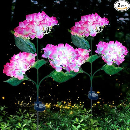 Aolyty Solar Garden Lights Outdoor, Solar Hydrangea Lights IP65 Waterproof LED Flowers Stake Lights 2 Pack for Garden Pathway Patio Backyard Landscape Decorative (Pink)