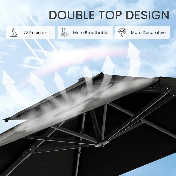 10x10 FT Cantilever Patio Umbrella with Base Included Double Top Outdoor Square Large Heavy Duty Aluminum Offset Umbrellas with 7 Level Tilt 360-degree Rotation for Pool Garden Deck,Black