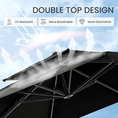 10x10 FT Cantilever Patio Umbrella Double Top Outdoor Square Large Heavy Duty Aluminum Offset Umbrellas with 7 Level Tilt 360-degree Rotation for Pool Garden Deck, Black