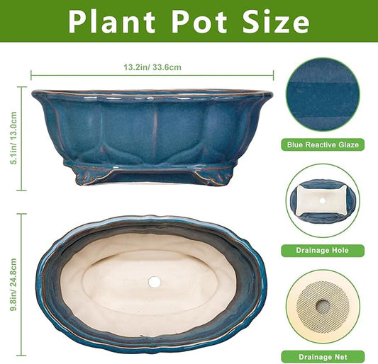 Bonsai Pots - 13.2 Inch Oval Ceramic Pots for Plants, Large Succulent Planter with Drainage Hole, Decorative Planters for Indoor Outdoor, Garden House Decor, Housewarming Gifts, Retro Blue