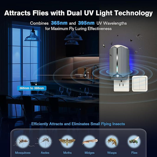 2 Flying Insect Traps & 6 Refill Glue, Fly Trap Indoor, Safe & Quiet Bug Catcher for Fruit Flies, Gnats, Mosquitoes, Moths & Small Insects with UV Light