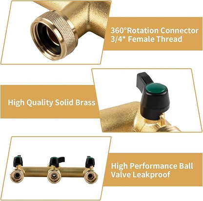 Hose Splitter, 3 Way Heavy Duty Brass Garden Hose Splitter, Outdoor Faucet Splitter, for 3/4" Hose Connector, Hose Spigot Adapter with 3 Individual ON/Off Valves