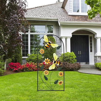 YEAHOME 34 Inch Decorative Metal Spring Garden Stakes with Flowers Bees, Vibrant Decorative Metal Spring Style, Metallic, Outdoor Decorative Garden Stakes