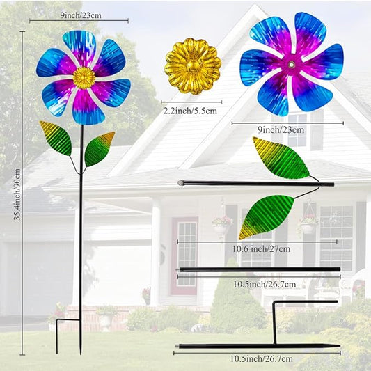 Viveta 2 Pack Garden Wind Spinners, 35.4 "Flower Metal Windmill,Pink and Blue Wind Sculpture,Pinwheels for Yard and Garden