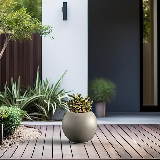 Kante Round Concrete Flower Pot, 11 Inch Dia (7.9" Opening) Sphere Shape Design Planter with Drainage Hole for Indoor & Outdoor Plants, Weathered Concrete Finish with Warm Brown Interior