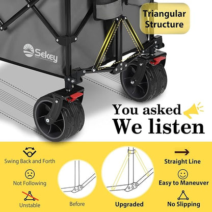 Sekey 48''L Collapsible Foldable Extended Wagon with 440lbs Weight Capacity, Heavy Duty 300L Folding Utility Garden Cart with Big All-Terrain Beach Wheels & Drink Holders. Grey