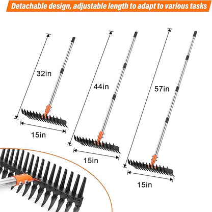 Garden Thatch Rake for Lawn, Heavy Duty Metal Thatching rake with Strong Handle, Wide 15inch Iron Dethatcher Rakes for Yard Leaf & Weed Clean, Soil Loose, Grass Groom