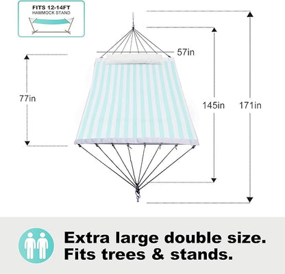 14ft Two Person Outdoor Hammock, Portable Camping with Folding Steel Spreader Bar, Carrying Bag, Carabiners, Tree Straps, Pillow & Sidebag, Quick Dry Textilene, 550 lbs Capacity (Cyan)