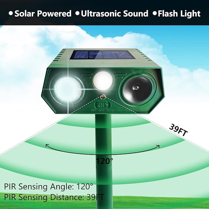 2025 Deer Repellent Devcies Solar Ultrasonic Animal Repellent Outdoor Waterproof Rabbit Repellent with PIR Motion Detection Flash Light for Dog, Cat, Bird, Squirrel, Skunk, Raccoon for Yard (4 Pack)