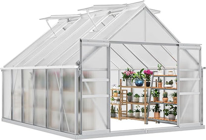 DWVO 10x12FT Polycarbonate Greenhouse Heavy Duty Green Houses Outdoor Aluminum Greenhouses with Sliding Doors Vent Window Premium Walk-in Greenhouse Large Sun House for Garden Backyard, Silver