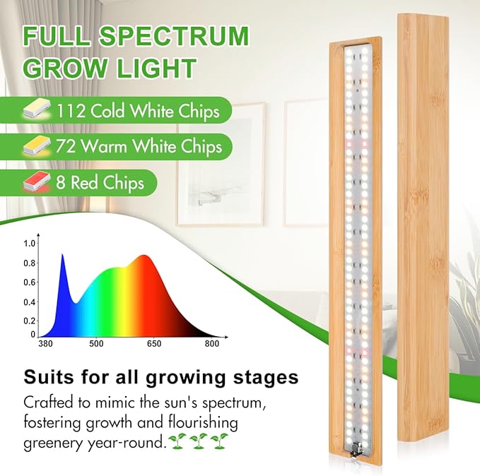 FOXGARDEN Bamboo Grow Light Strip for Indoor Plants, Full Spectrum 192 LED Bright Plant Light with Auto On/Off Timer 4/8/12H, 10 Dimmable Brightness, 2 Strips with 1 Controller