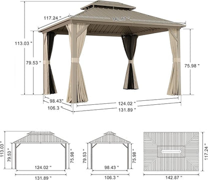 PURPLE LEAF 10' x 12' Outdoor Hardtop Gazebo, Champagne Aluminum Gazebo with Galvanized Steel Double Roof, Curtains and Netting for Patio Lawn and Garden